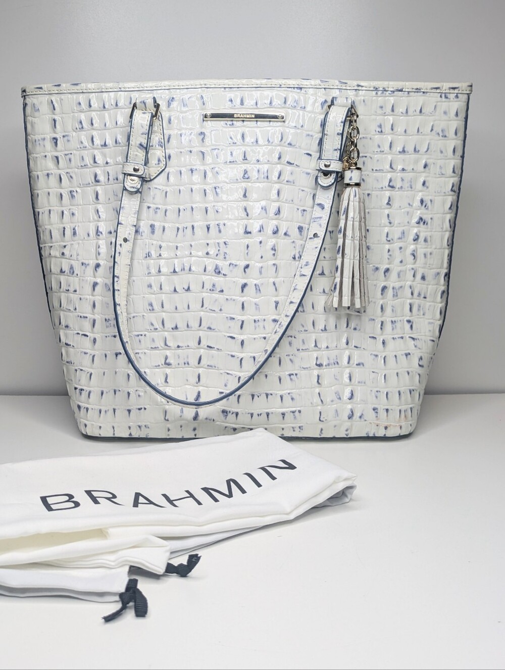 Brahmin Asher Tote Croc Embossed White Ivory Blue